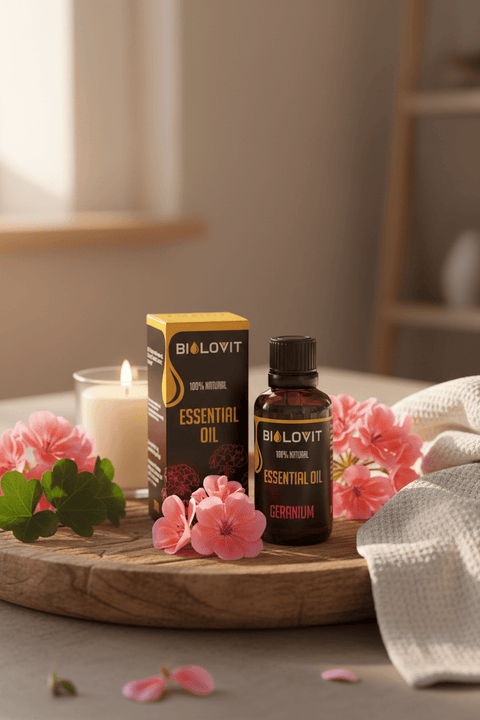 Bilovit Geranium Essential Oil Lifestyle Photography