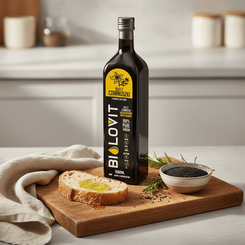 Premium black cumin oil bottle in kitchen setting
