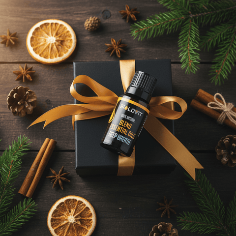 Świąteczne zdjęcie flat lay olejku Deep Breath w czarnym pudełku prezentowym